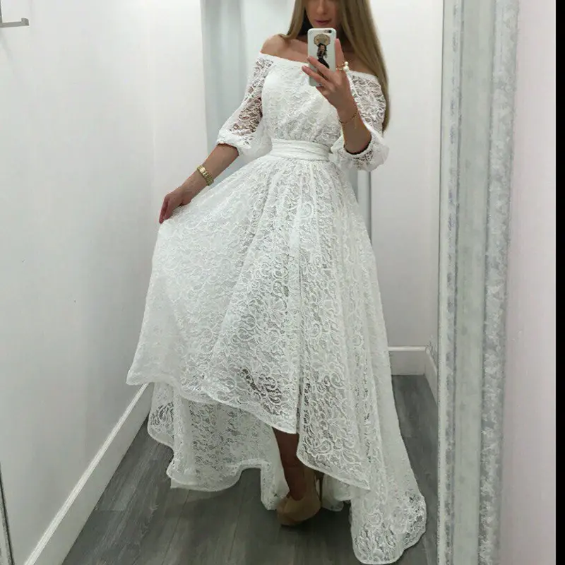 Sexy Women Lace Dresses Casual Cold Shoulder Half Sleeve Party Dress Maxi Dress Vestidos Black White Plus Size M0513 5