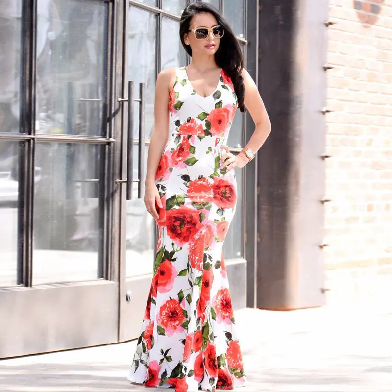 Sexy Women Ladies Dress Style Bodycon Boho Maxi Roses Printing Dress Vestido De Festa 1