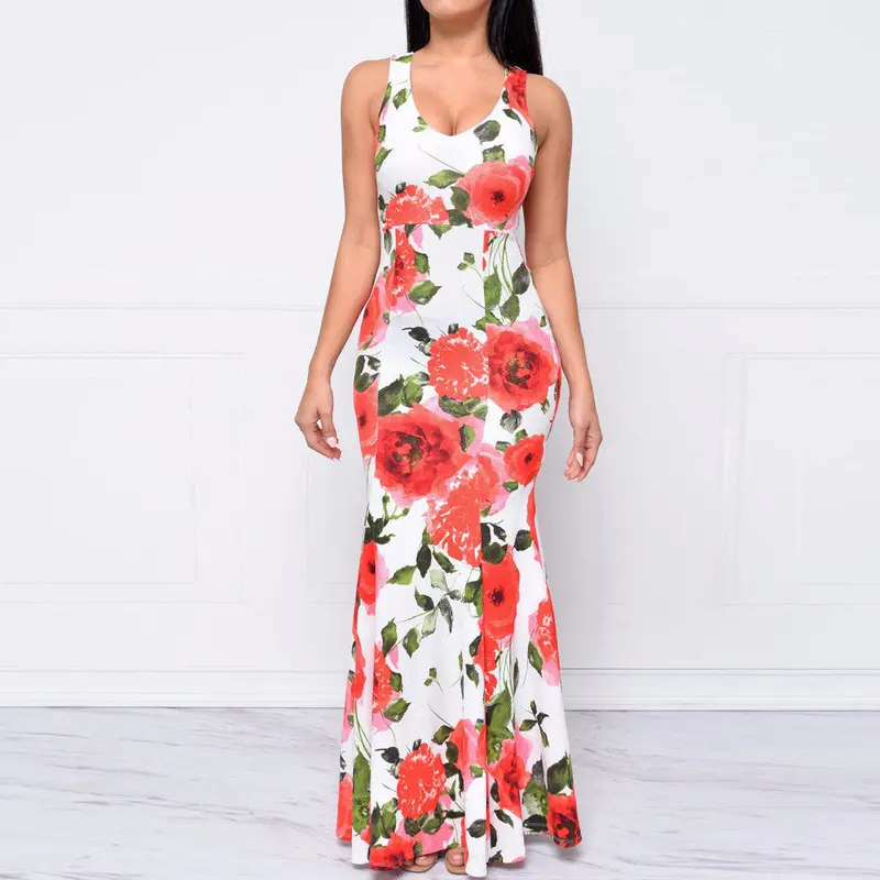 Sexy Women Ladies Dress Style Bodycon Boho Maxi Roses Printing Dress Vestido De Festa 2