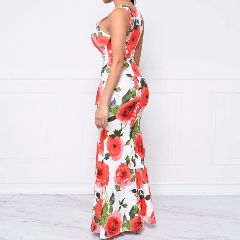 Sexy Women Ladies Dress Style Bodycon Boho Maxi Roses Printing Dress Vestido De Festa 3