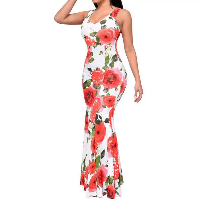 Sexy Women Ladies Dress Style Bodycon Boho Maxi Roses Printing Dress Vestido De Festa 4