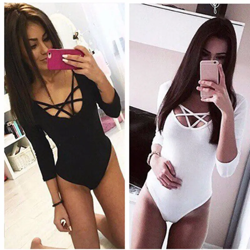 Sexy Women Ladies Skinny Lacing Piece Black Jumpsuit Bodysuit Jump Suit Body Top Plus Size Feida 6