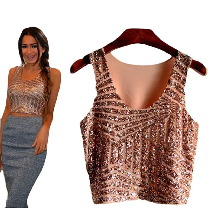 Sexy Women Ladies Tops Sleeveless Crop Tops Casual Sequins Design Halter Vest Tops Blusas 1