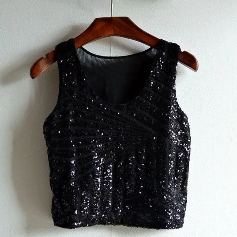 Sexy Women Ladies Tops Sleeveless Crop Tops Casual Sequins Design Halter Vest Tops Blusas 2