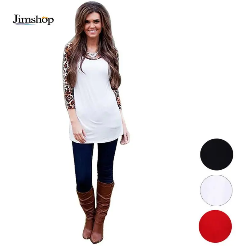 Sexy Women Leopard Splice Three Quarter Puff Sleeves Round-Neck Loose Tops 1