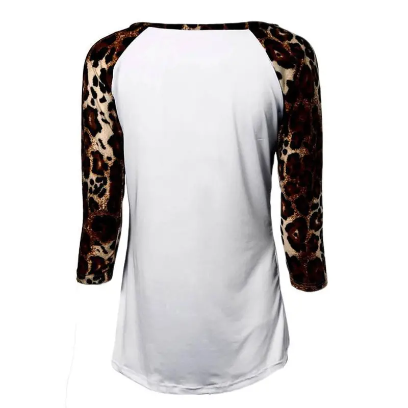 Sexy Women Leopard Splice Three Quarter Puff Sleeves Round-Neck Loose Tops 4