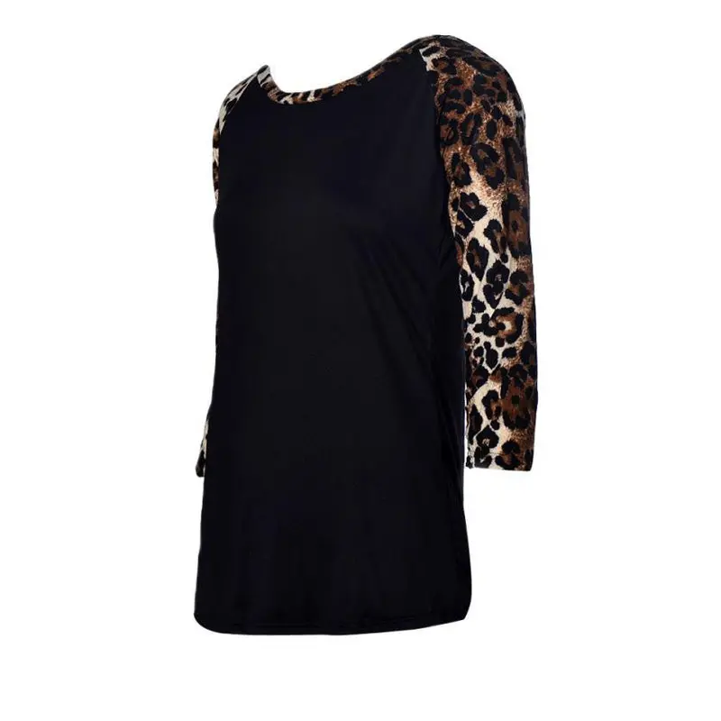 Sexy Women Leopard Splice Three Quarter Puff Sleeves Round-Neck Loose Tops 5