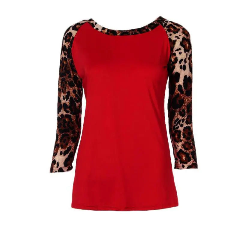Sexy Women Leopard Splice Three Quarter Puff Sleeves Round-Neck Loose Tops 6