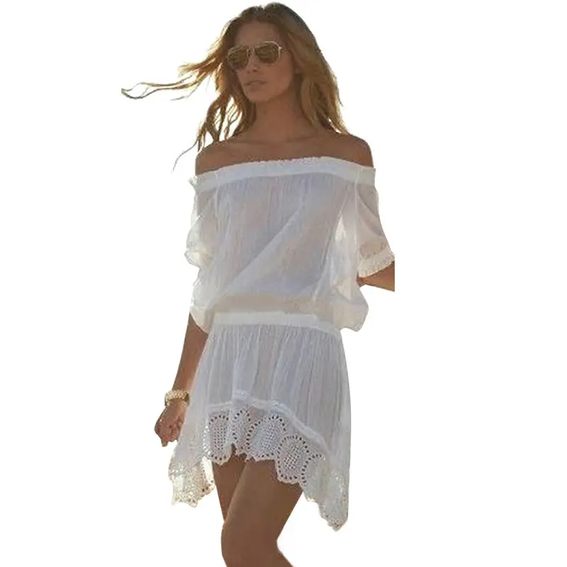Sexy Women Off Shoulder Chiffon Bikini Swimwear White Beach Dress Robe Feida 1