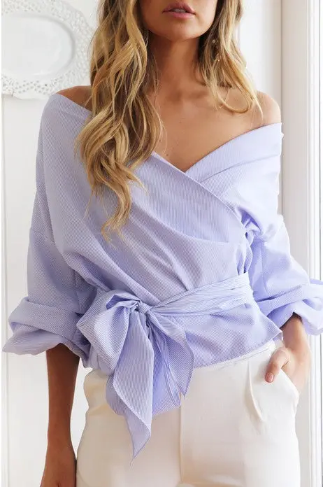 Sexy Women Off Theshoulder V Neck Blouse Puff Sleeve Bowknot Waist Bandage Skinny Shirts Tops Plus Size 1