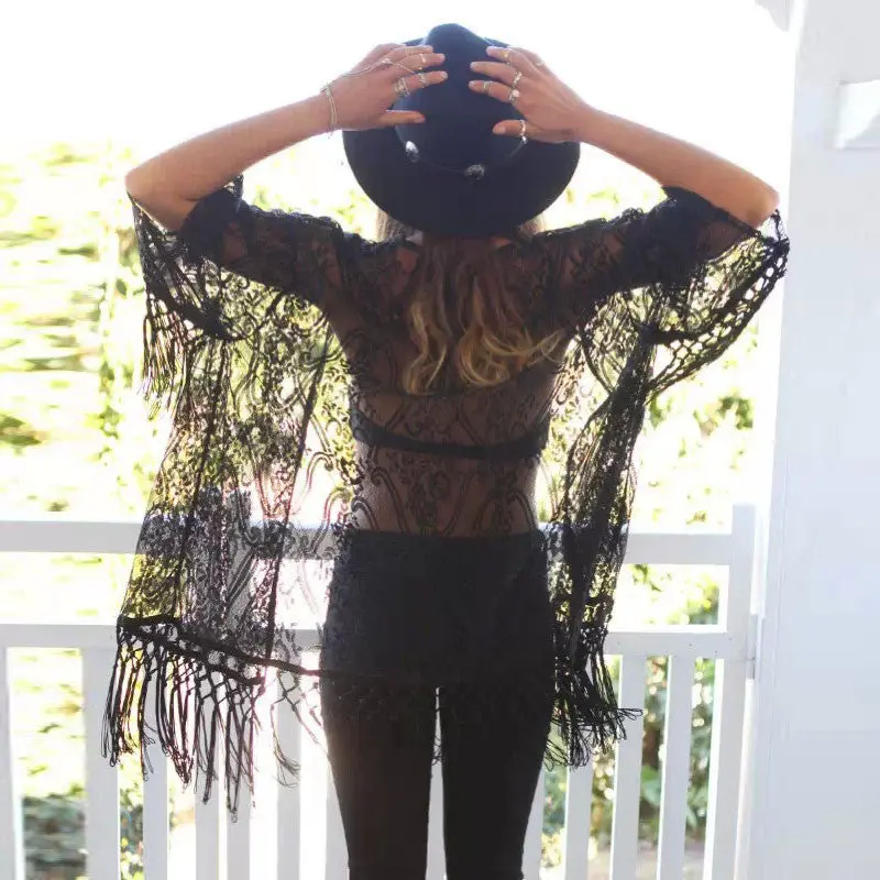 Sexy Women See Through Lace Blouse Tassels Top Blusa Encaje Manga Larga Blusa De Renda 4