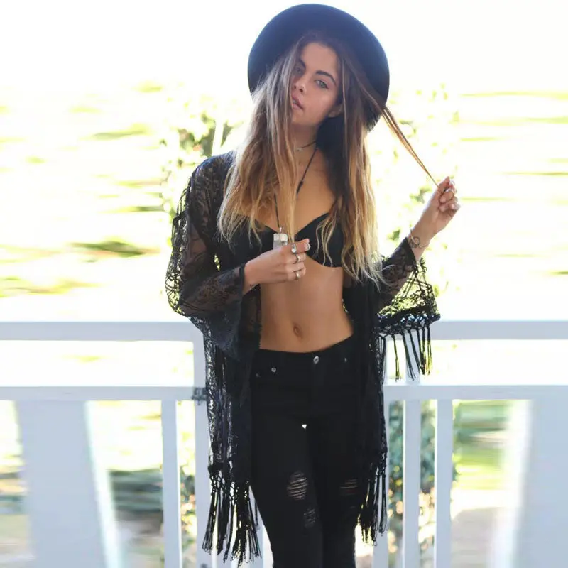 Sexy Women See Through Lace Blouse Tassels Top Blusa Encaje Manga Larga Blusa De Renda 6