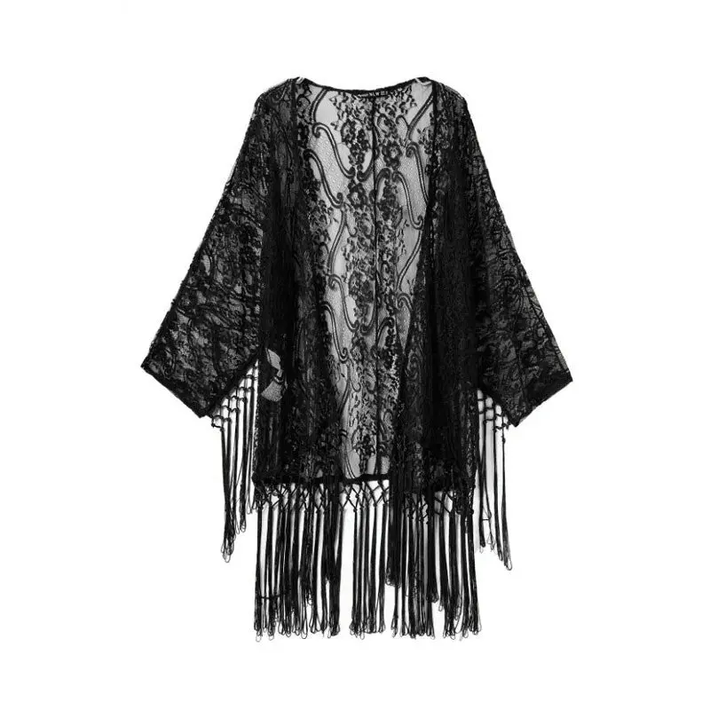 Sexy Women See Through Lace Kimono Cardigan Shirt Blouse Tassels Top 1