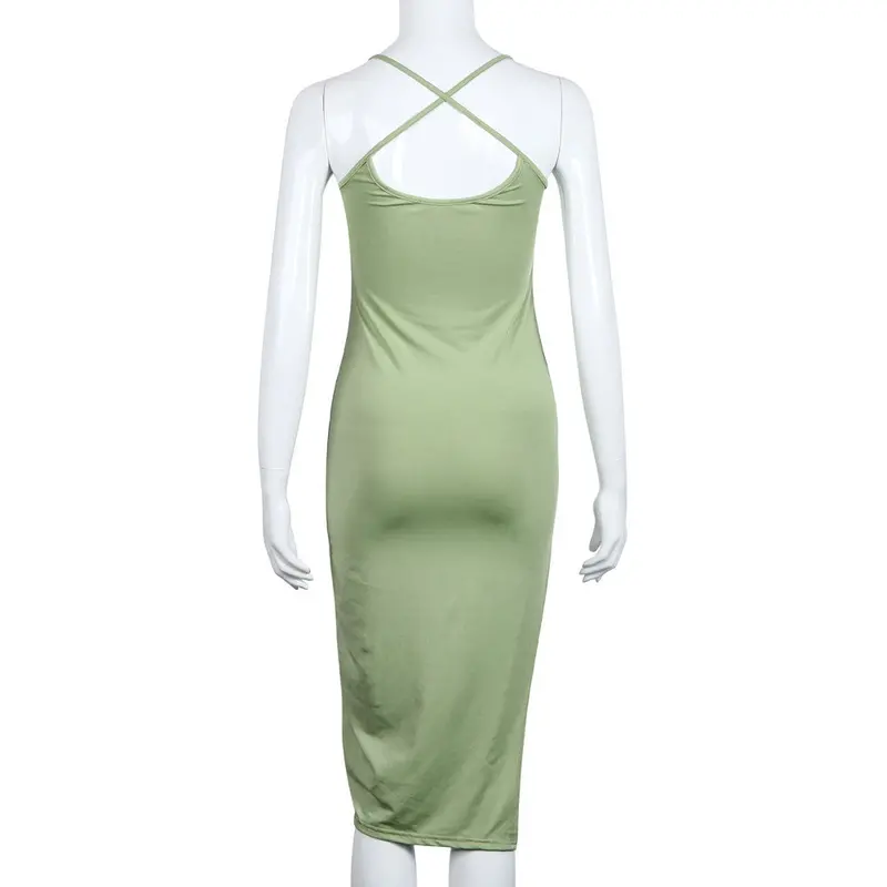 Sexy Women Sleeveless Bandage Bodycon Dress Side Split Club Party Mini Dress Backless Back Cross Vestidos Green 4