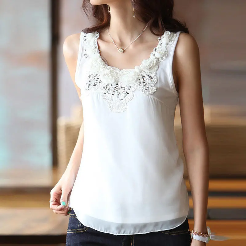 Sexy Women Sleeveless Flower Lace Chiffon Vtank Shirt Blouse Tops 1