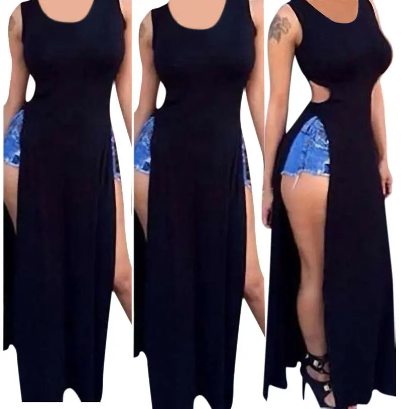 Sexy Women Sleeveless Maxi Dress Black Long Dress With Open Side Clubwear Girl Split Slim Vestidos 1