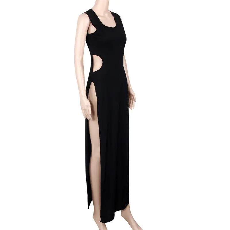 Sexy Women Sleeveless Maxi Dress Black Long Dress With Open Side Clubwear Girl Split Slim Vestidos 4