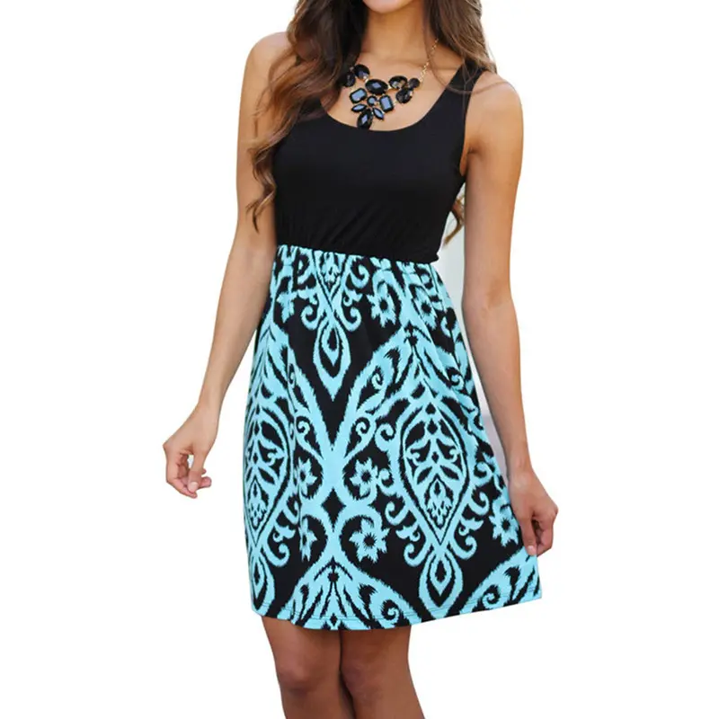 Sexy Women Sleeveless Party Black And Aqua Printed Short Long Dress 1