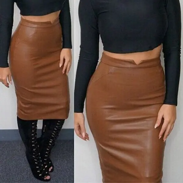 Sexy Women Soft Pu Leather Skirt High Waist Slim Hip Pencil Skirts Vintage Bodycon Ol Midi Skirt Womens Sexy Clubwear Gv450 10