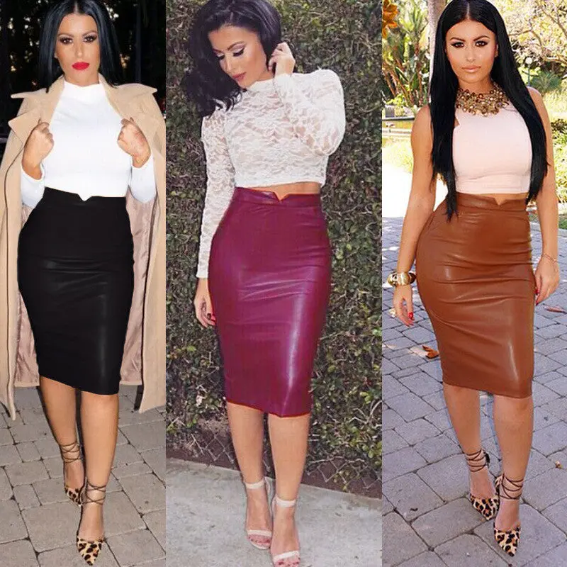 Sexy Women Soft Pu Leather Skirt High Waist Slim Hip Pencil Skirts Vintage Bodycon Ol Midi Skirt Womens Sexy Clubwear Gv450 11