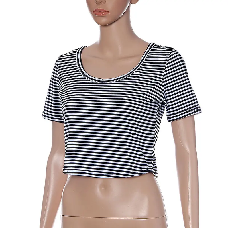 Sexy Women Stripe Short Sleeve Blouses Lady Ol Casual Scoop Neck Crop Top Shirt & 1