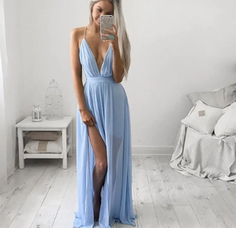 Sexy Women Style Dress Chiffon Sleeveless Boho Long Maxi Evening Party Dress Elegant Beach Dresses Blue 1