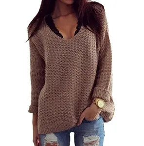 Sexy Women Sweaters Solid Hollow Out V Neck Loose Long-Sleeved Pullover Sweater Outerwear Women Clothing J4170 1