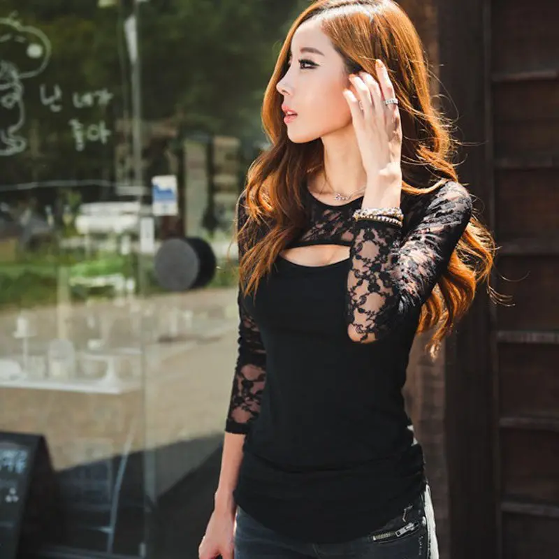 Sexy Women Tops Lace Tshirt For Ladies Casual Vestidos Plus Size Sxxxl Hollow Out Design Slim Tight Top Tshirt 1