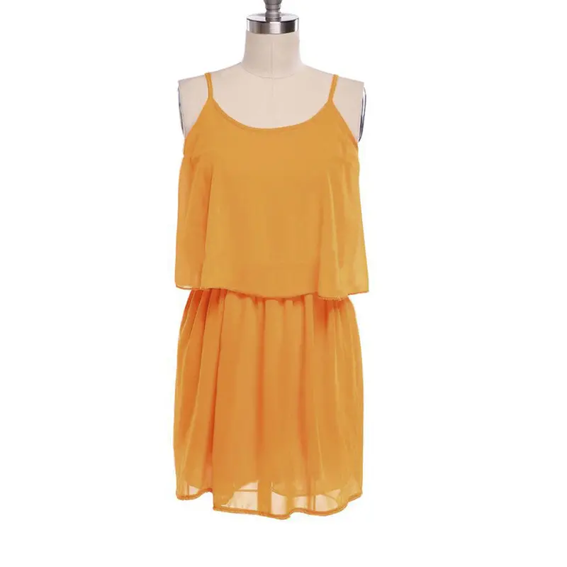 Sexy Women Two Pieces Chiffon Dress Spaghetti Straps Vestidos Tank Top Pleated Mini Dress Roupa Yellow 1