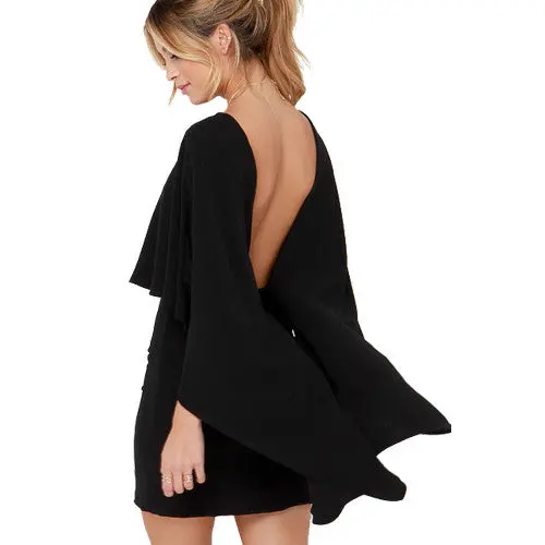 Sexy Women's Back Deep V Ponchos Hollow Out Solid Dress For Evening Party Night Clubwear Bodycon Vestido Lx001 4