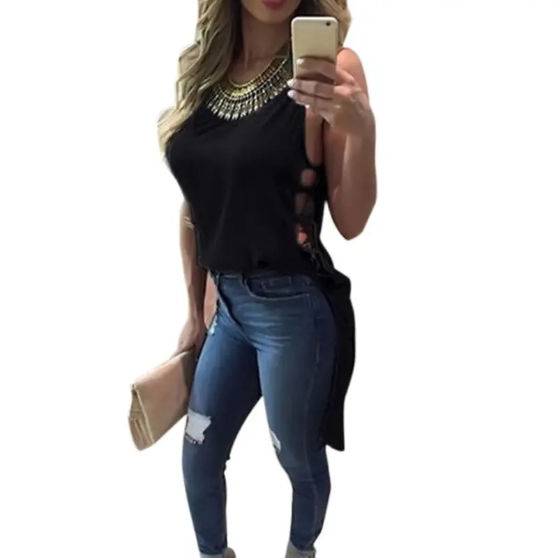 Sexy Womens Casual Chiffon Vtop Sleeveless Hollow Blouse Tank Tops 1