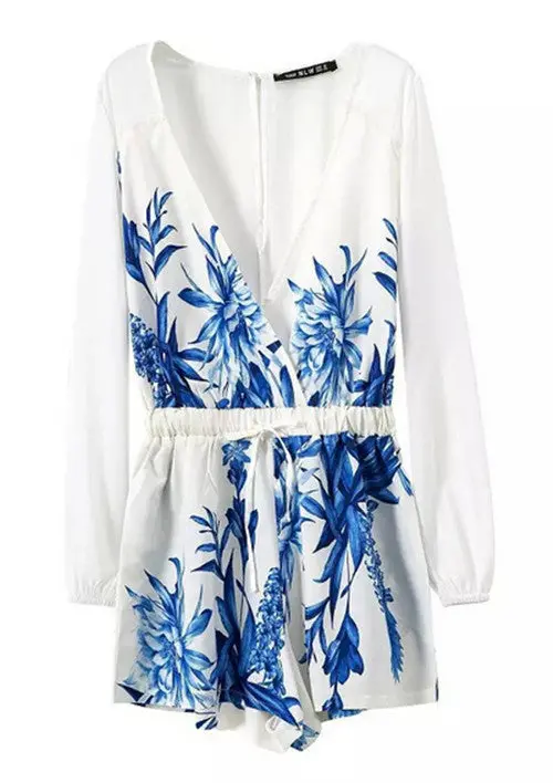 Sexy Women's Cross Deep V Neck Blue Flower Print Elastic Waist Long Sleeve Short Jumpsuit Beach Rompers Playsuit 1