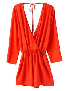 Sexy Women's Deep Cross V Neck Long Sleeve Elastic Waist Short Pants Rompers Back Bandage Jumpsuit Bodysuit Overalls 1