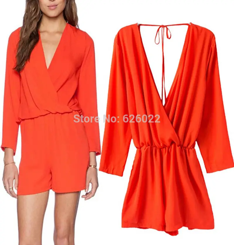 Sexy Women's Deep Cross V Neck Long Sleeve Elastic Waist Short Pants Rompers Back Bandage Jumpsuit Bodysuit Overalls 2