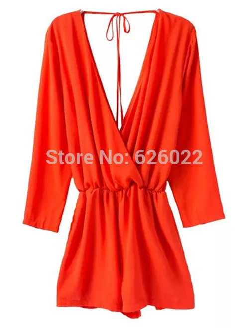 Sexy Women's Deep Cross V Neck Long Sleeve Elastic Waist Short Pants Rompers Back Bandage Jumpsuit Bodysuit Overalls 3