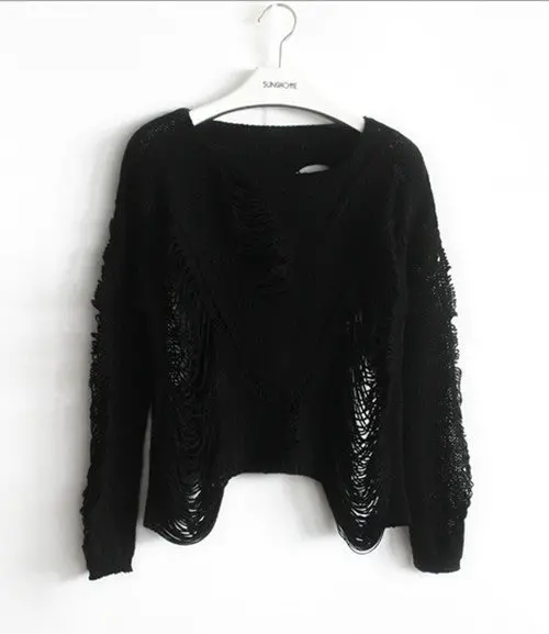 Sexy Women's Hollow Out Big Hole Sweater Knitted Loose Short Sweater O Neck Long Sleeve Knitwear Sweater Jumper Tops 1