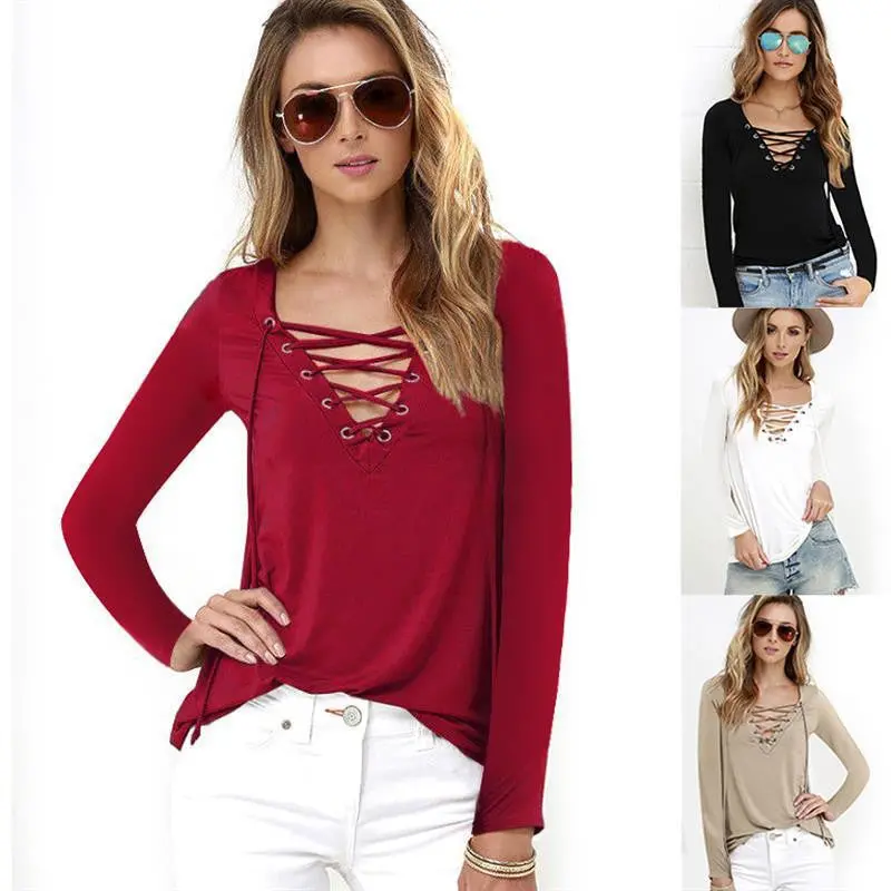 Sexy Women's Lace Up V Neck Sexy Women Blouse Top Long Sleeve Bandage Slim Fit Bottoming Shirts Lx094 5