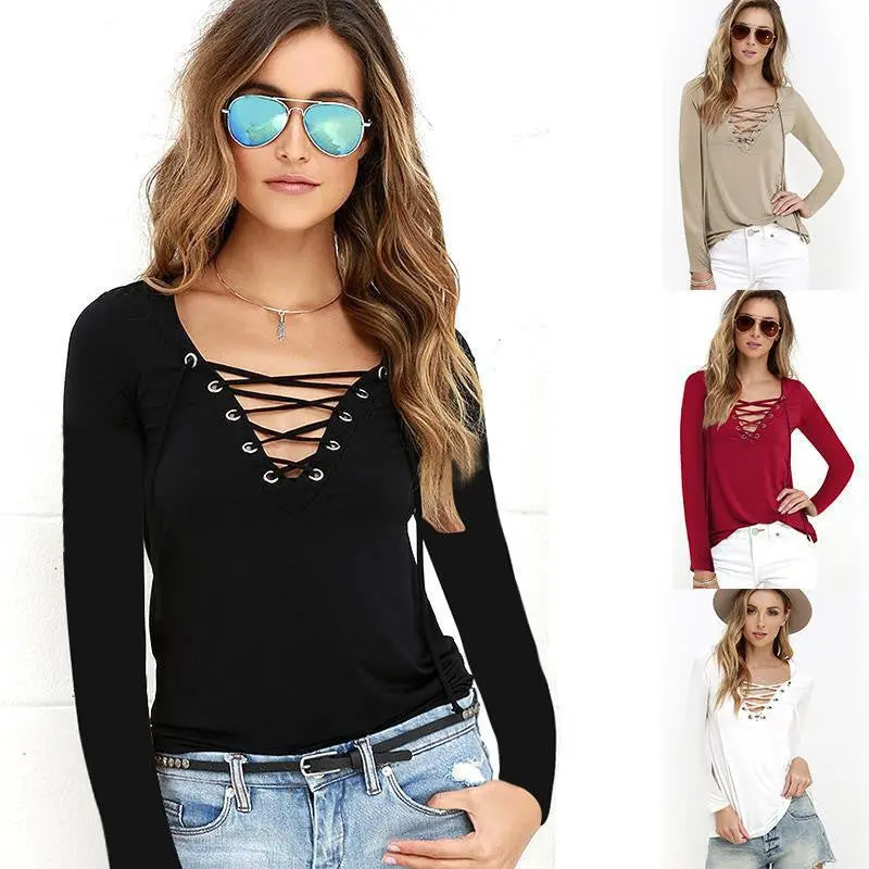 Sexy Women's Lace Up V Neck Sexy Women Blouse Top Long Sleeve Bandage Slim Fit Bottoming Shirts Lx094 6