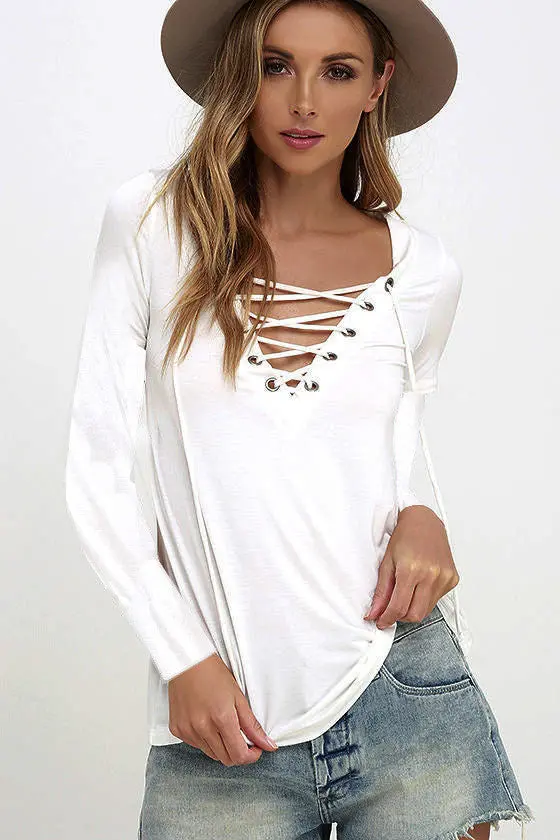 Sexy Women's Lace Up V Neck Sexy Women Blouse Top Long Sleeve Bandage Slim Fit Bottoming Shirts Lx094 9
