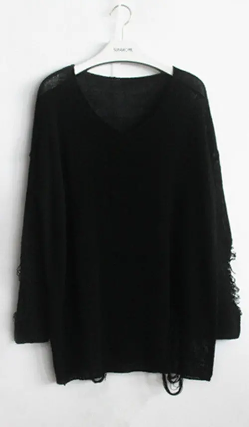 Sexy Women's Loose Hole Sweater Hollow Out Asymetric Hem Loose Knitted V Neck Long Sleeve Thin Sweater Tops 1