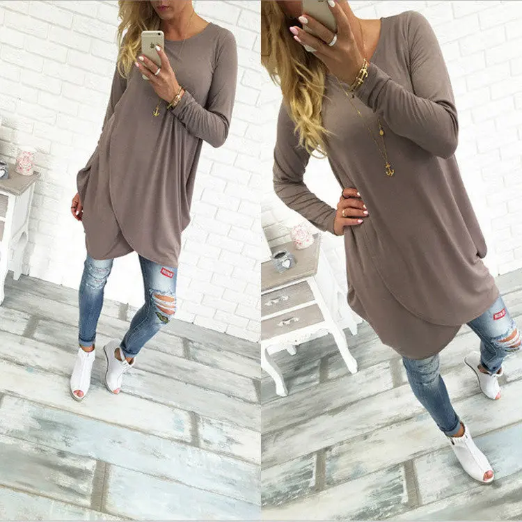 Sexy Women's O-Neck Casual Loose Long Sleeve Dress & Irregular Hem Solid Dress For Women Ladies Clothings Lx006 4