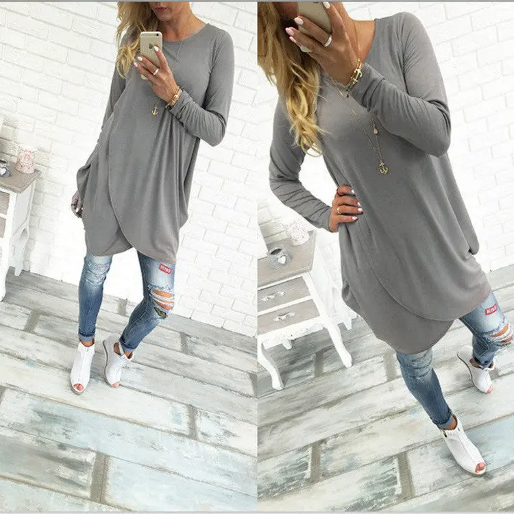 Sexy Women's O-Neck Casual Loose Long Sleeve Dress & Irregular Hem Solid Dress For Women Ladies Clothings Lx006 5
