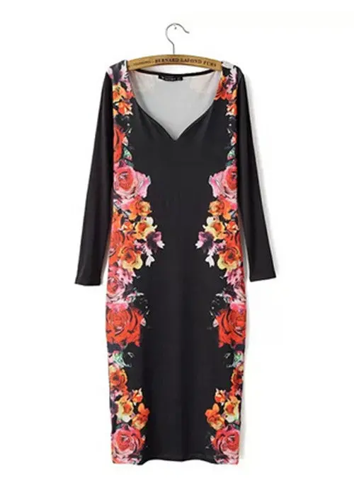 Sexy Women's Retro Symmetrical Flower Floral Print Heart V Neck Long Sleeve Fitted Bodycon Dresses Pencil Party Dress 1