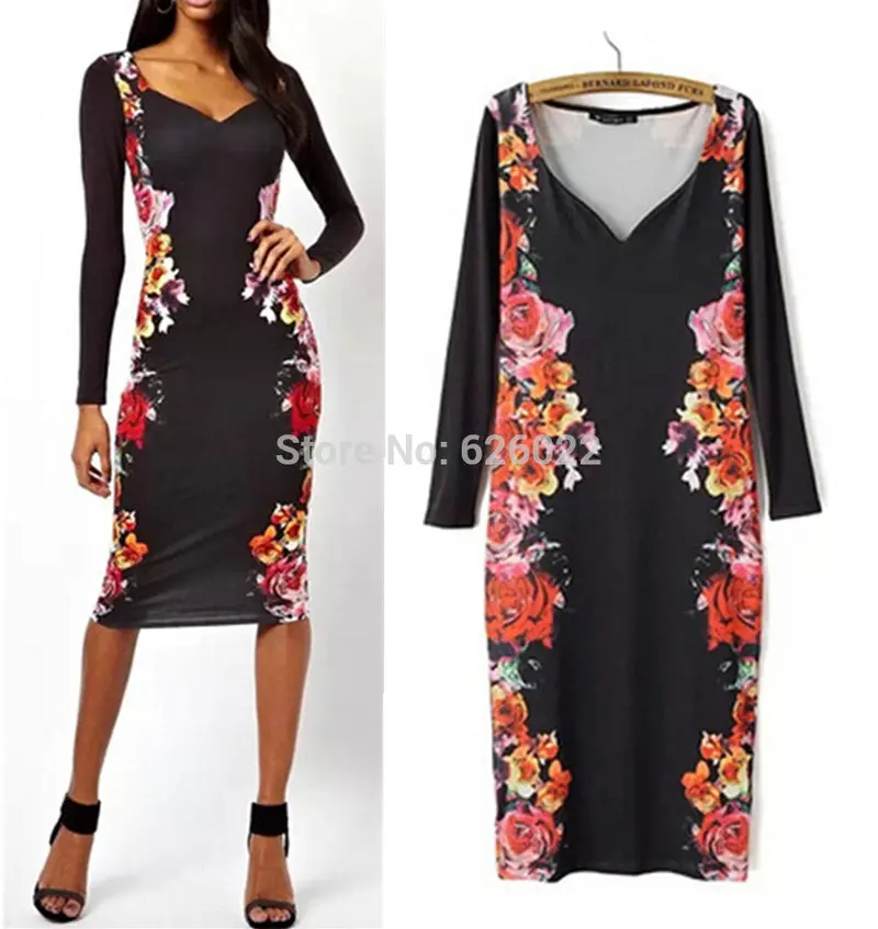Sexy Women's Retro Symmetrical Flower Floral Print Heart V Neck Long Sleeve Fitted Bodycon Dresses Pencil Party Dress 2