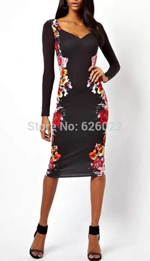 Sexy Women's Retro Symmetrical Flower Floral Print Heart V Neck Long Sleeve Fitted Bodycon Dresses Pencil Party Dress 3