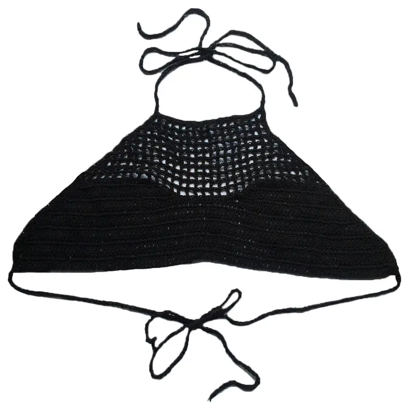 Sexy Women's Tanks Knitted Halter Neck Boho Vest Bralet Bustier Crochet Bikini Cami Women Crop Top Regata Black/White 1