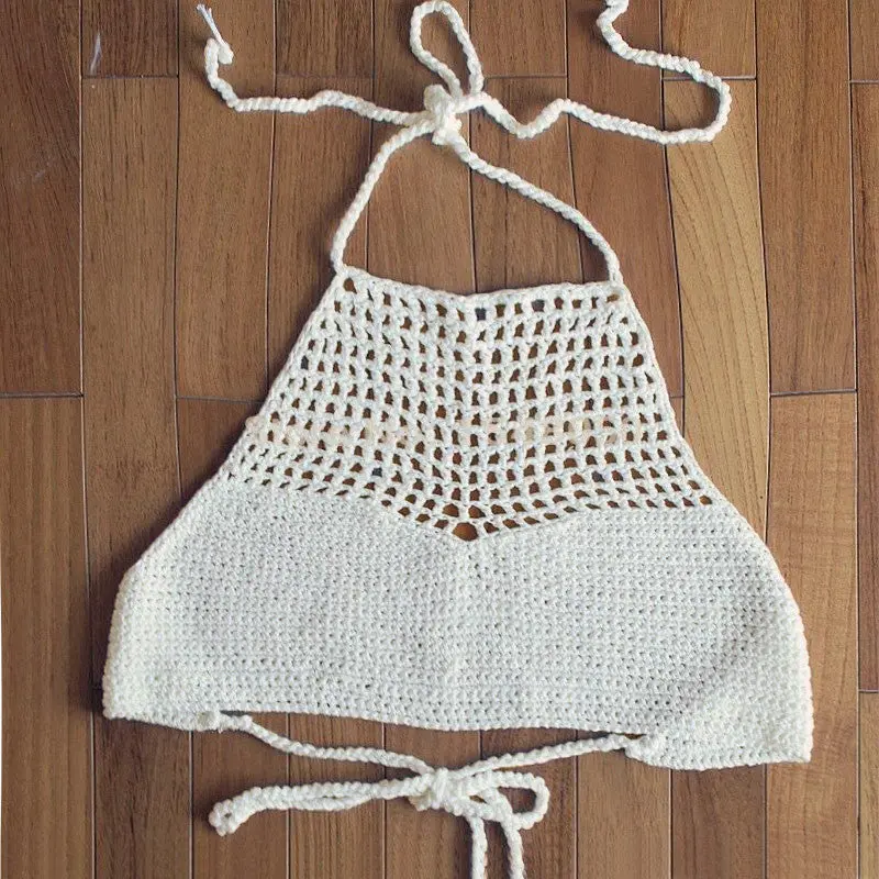 Sexy Women's Tanks Knitted Halter Neck Boho Vest Bralet Bustier Crochet Bikini Cami Women Crop Top Regata Black/White 2