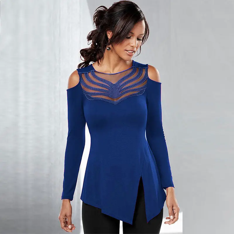 Sexy Women's Top Mesh Embroidery Patchwork Tshirts Off Shoulder Top Tees Femme Long Sleeve T Shirts For Women 5