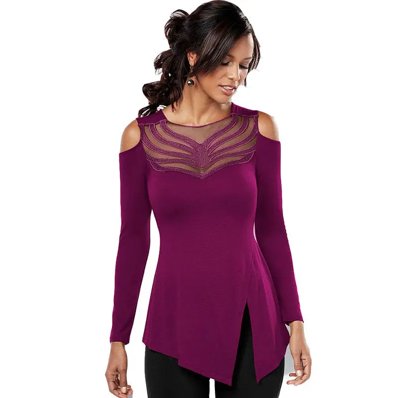 Sexy Women's Top Mesh Embroidery Patchwork Tshirts Off Shoulder Top Tees Femme Long Sleeve T Shirts For Women 5