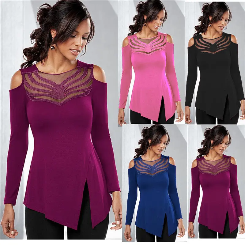 Sexy Women's Top Mesh Embroidery Patchwork Tshirts Off Shoulder Top Tees Femme Long Sleeve T Shirts For Women 6